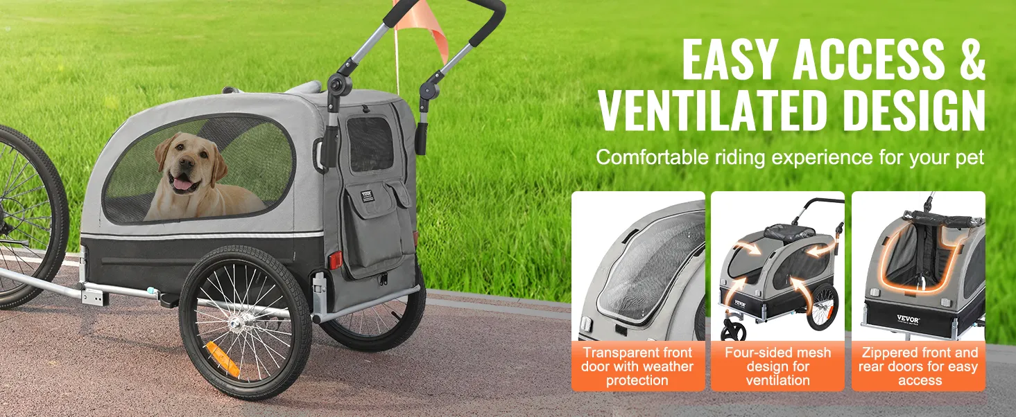 VEVOR-Fahrradanhänger für Hunde mit transparenter Vordertür, belüftetem Netzdesign und Zugangstüren mit Reißverschluss.