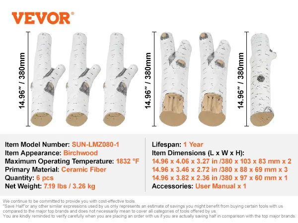 VEVOR fireplace logs, birchwood appearance, ceramic fiber, max temp 1832°f, set of 6, 14.96"/380mm.