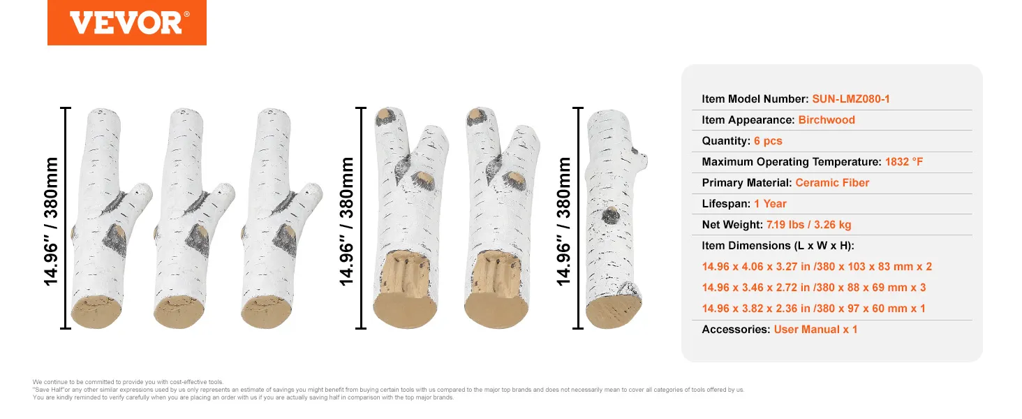 VEVOR fireplace logs, birchwood appearance, ceramic fiber, max temp 1832°f, set of 6, 14.96"/380mm.