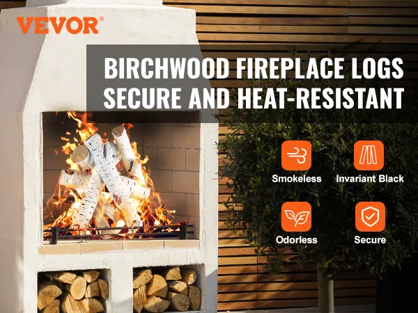 VEVOR fireplace logs in a white fireplace, burning with bright flames, promoting secure and heat-resistant birchwood features.