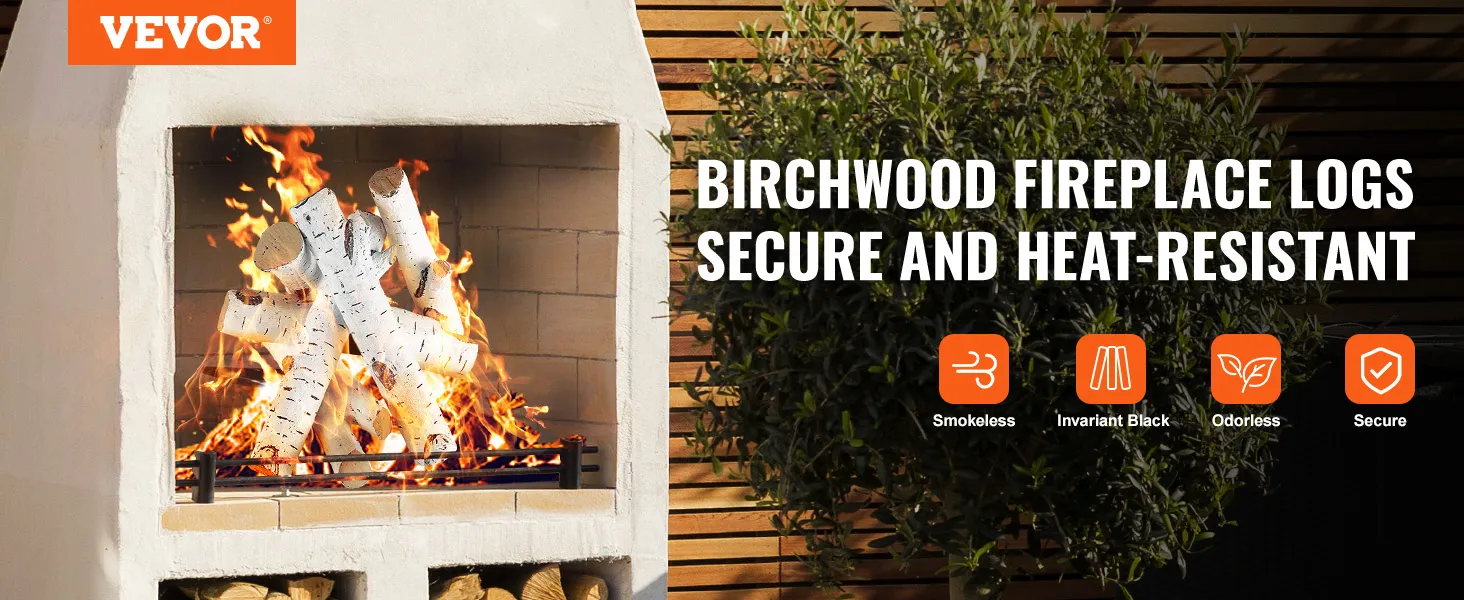 VEVOR fireplace logs in a white fireplace, burning with bright flames, promoting secure and heat-resistant birchwood features.