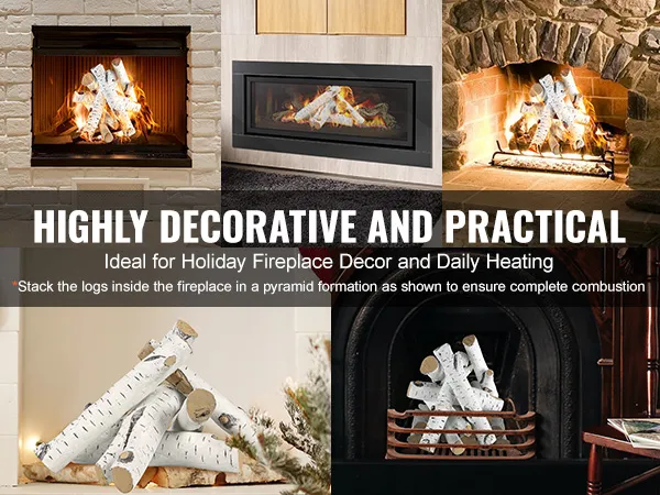 VEVOR fireplace logs stacked in stylish fireplaces for holiday decor and daily heating, highly decorative.