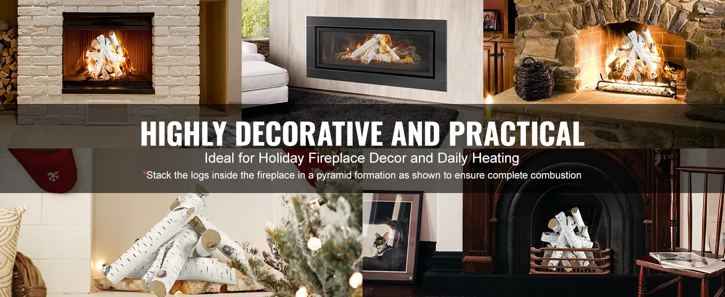 VEVOR fireplace logs stacked in stylish fireplaces for holiday decor and daily heating, highly decorative.