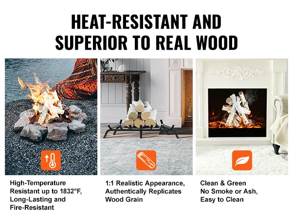 VEVOR fireplace logs for indoor and outdoor use, heat-resistant, realistic wood appearance, eco-friendly.