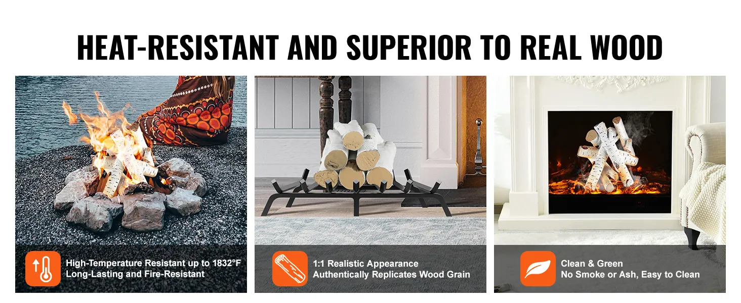 VEVOR fireplace logs for indoor and outdoor use, heat-resistant, realistic wood appearance, eco-friendly.