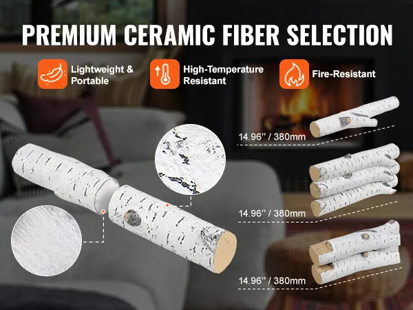 premium VEVOR fireplace logs made of ceramic fiber, lightweight, portable, and high-temperature resistant.