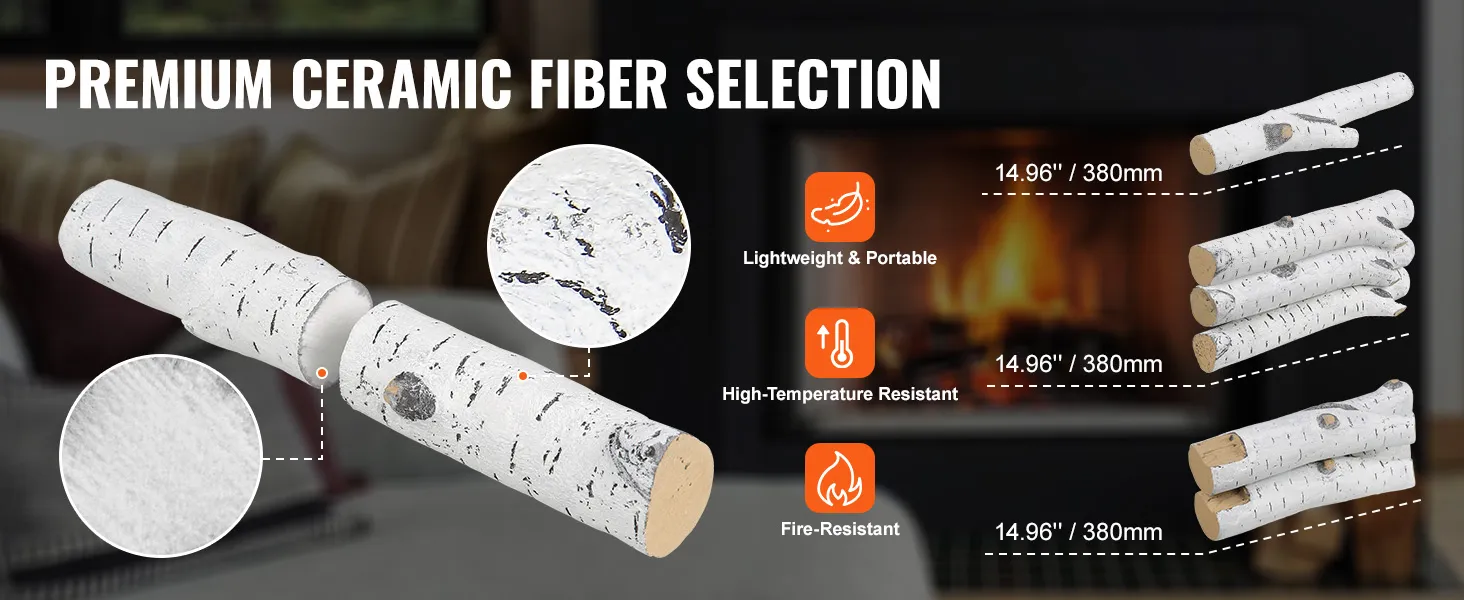 premium VEVOR fireplace logs made of ceramic fiber, lightweight, portable, and high-temperature resistant.