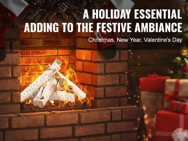 VEVOR fireplace logs burning in a festive brick fireplace, enhancing holiday ambiance with stockings.