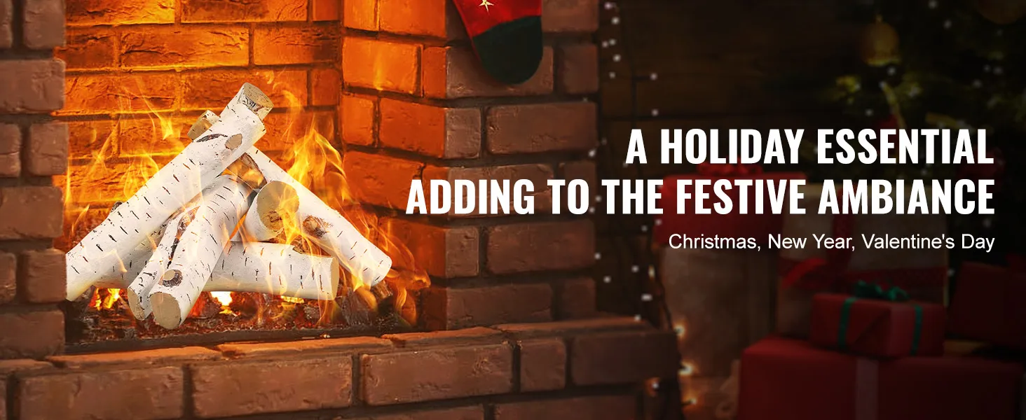 VEVOR fireplace logs burning in a festive brick fireplace, enhancing holiday ambiance with stockings.