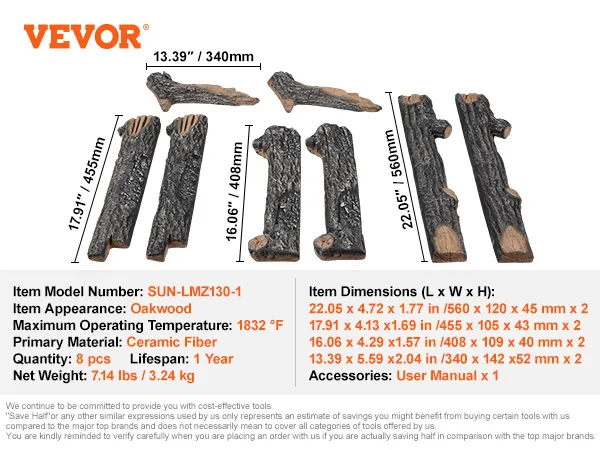 VEVOR gas fireplace ceramic logs set of 8 with oakwood appearance and various sizes up to 22.05" long.