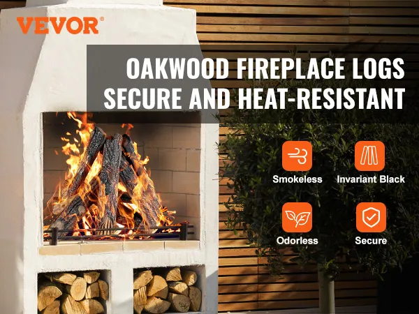 VEVOR gas fireplace ceramic logs showcase, smoky fire, heat-resistant, secure, smokeless features.