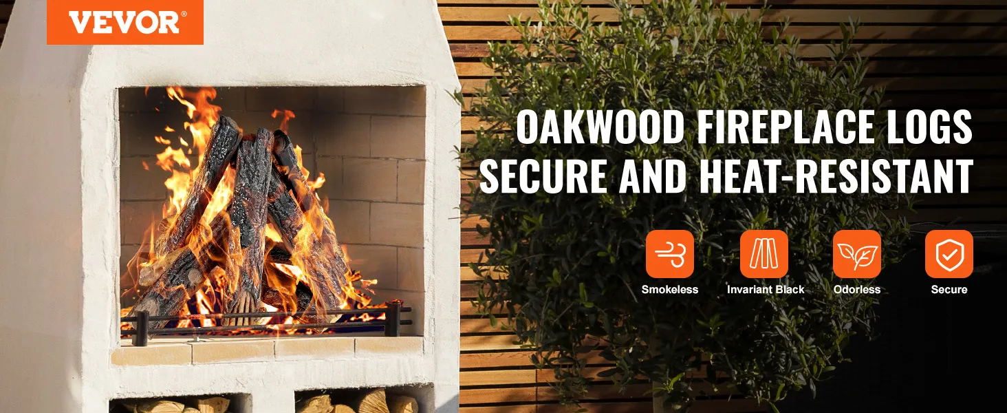 VEVOR gas fireplace ceramic logs showcase, smoky fire, heat-resistant, secure, smokeless features.