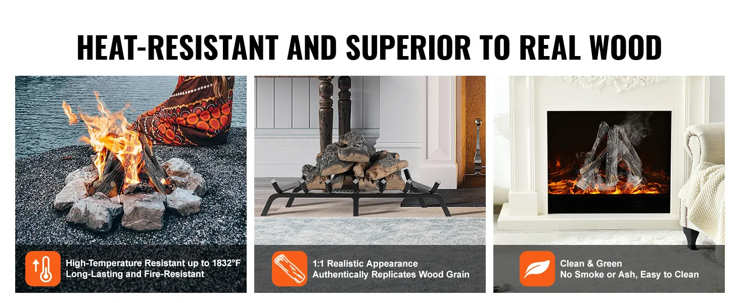 VEVOR gas fireplace ceramic logs with realistic appearance, heat-resistant, clean and green, easy to clean.