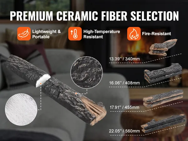 premium ceramic fiber fireplace logs by VEVOR, lightweight, high-temp resistant, sizes 340-560mm.