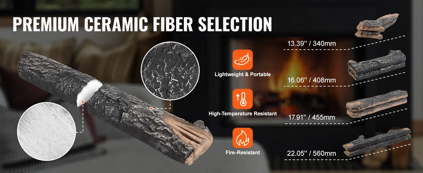 premium ceramic fiber fireplace logs by VEVOR, lightweight, high-temp resistant, sizes 340-560mm.
