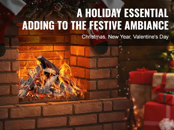 festive brick fireplace with VEVOR gas fireplace ceramic logs, stockings, and holiday decorations.