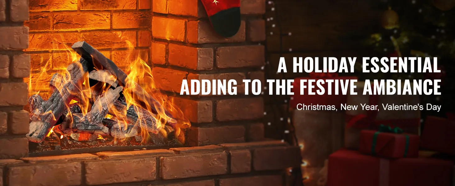 festive brick fireplace with VEVOR gas fireplace ceramic logs, stockings, and holiday decorations.