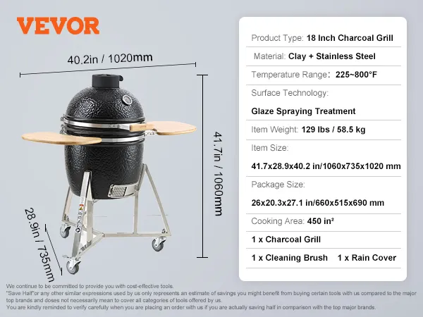 VEVOR ceramic grill with 18-inch cooking surface, clay and stainless steel build. dimensions: 41.7x28.9x40.2 in.