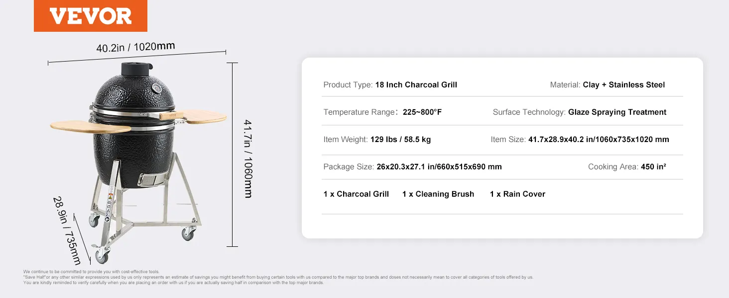 VEVOR ceramic grill with 18-inch cooking surface, clay and stainless steel build. dimensions: 41.7x28.9x40.2 in.