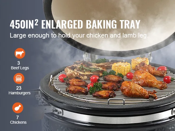 VEVOR ceramic grill with 450in² baking tray, holding chicken, corn, and more. cook 23 hamburgers or 7 chickens.
