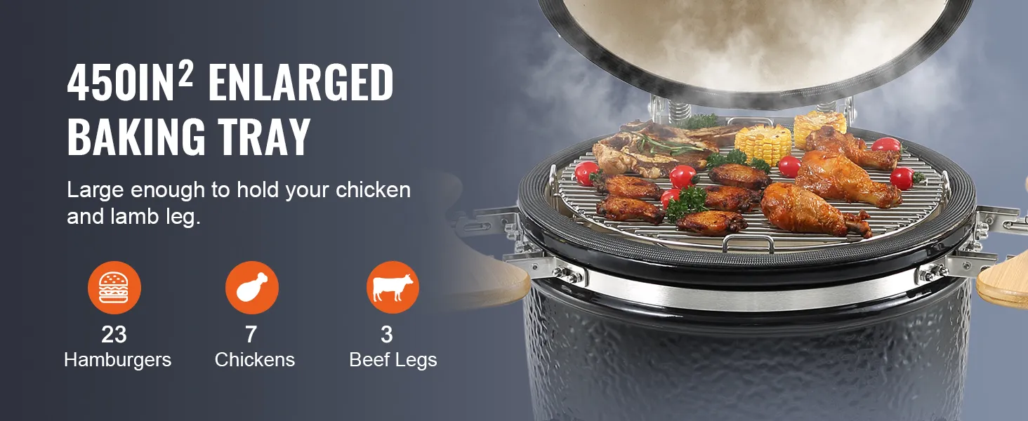 VEVOR ceramic grill with 450in² baking tray, holding chicken, corn, and more. cook 23 hamburgers or 7 chickens.