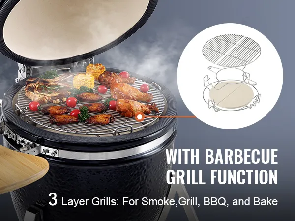 VEVOR ceramic grill with three-layer grills, bbq function, and food placed on cooking surface.