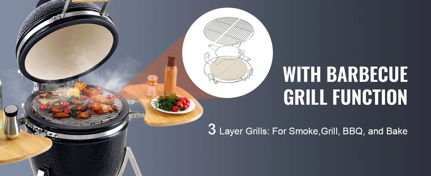 VEVOR ceramic grill with three-layer grills, bbq function, and food placed on cooking surface.
