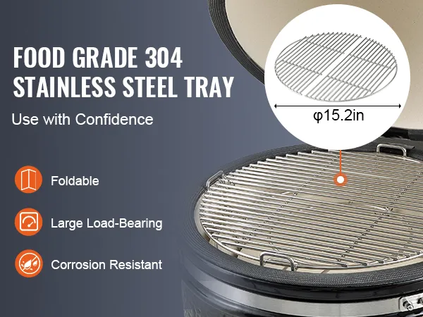 VEVOR ceramic grill with foldable food-grade 304 stainless steel tray, 15.2-inch diameter, corrosion-resistant.