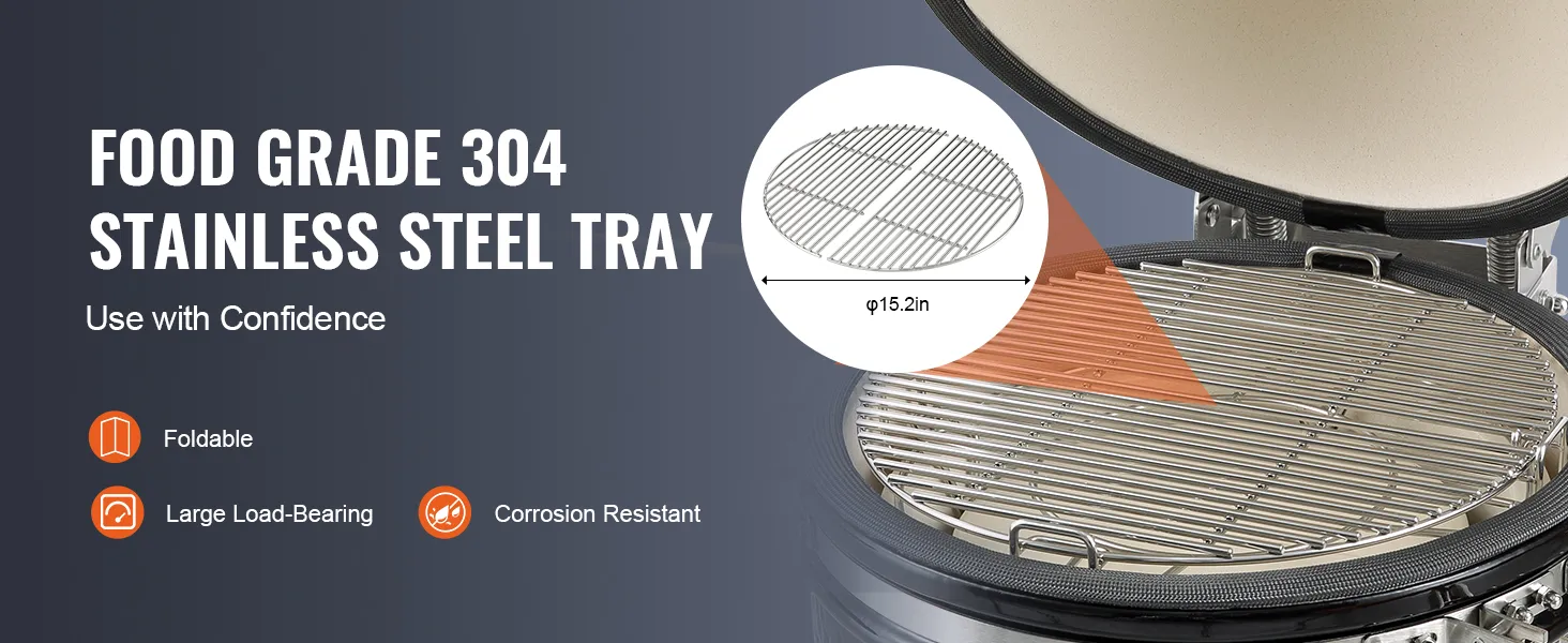 VEVOR ceramic grill with foldable food-grade 304 stainless steel tray, 15.2-inch diameter, corrosion-resistant.