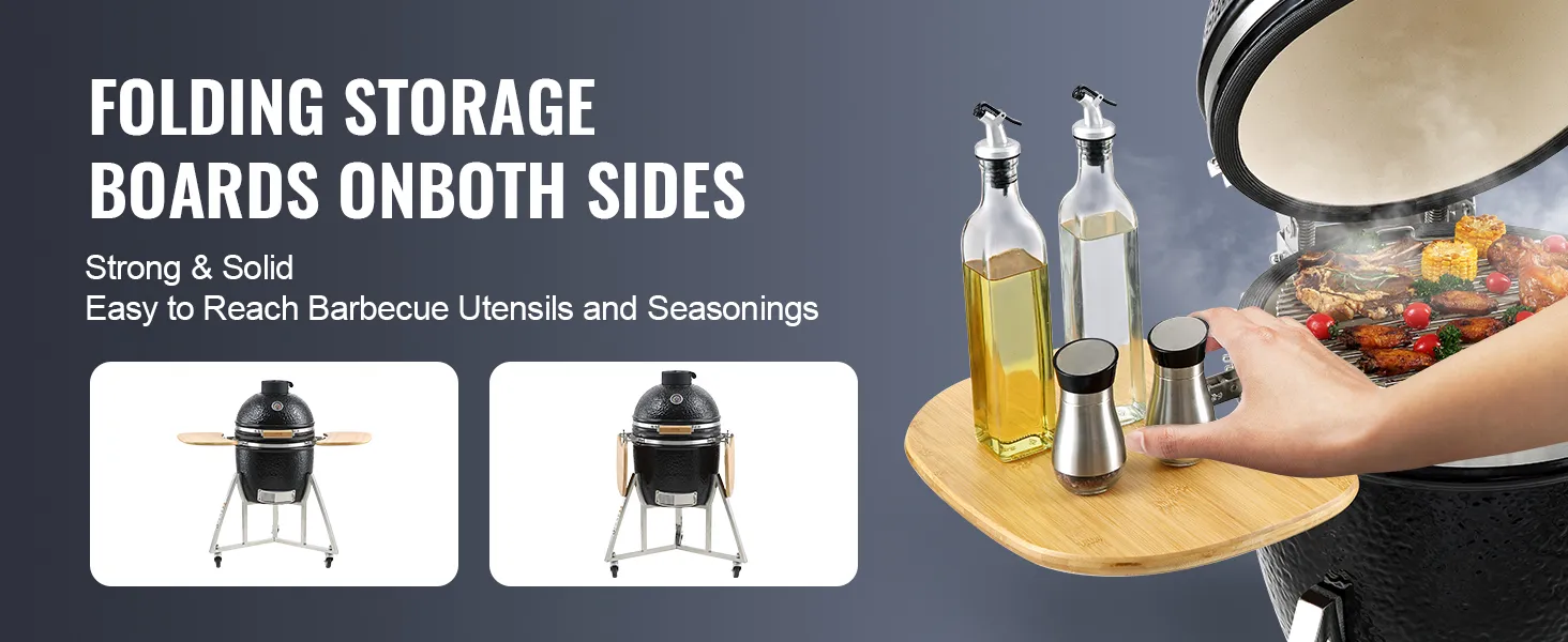 VEVOR ceramic grill with folding storage boards for easy access to barbecue utensils and seasonings.