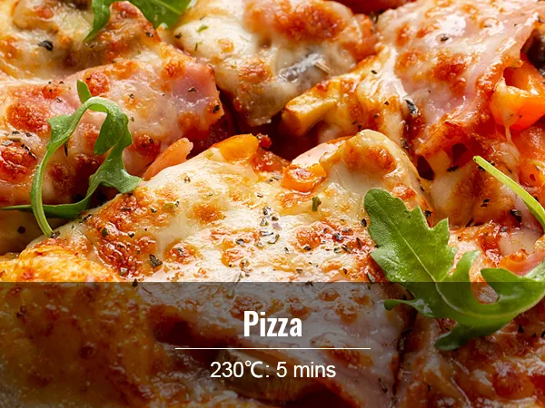 close-up of a freshly baked pizza with melted cheese and toppings, text overlay shows 230°c: 5 mins