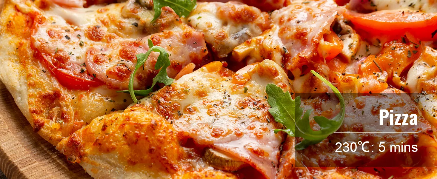 close-up of a freshly baked pizza with melted cheese and toppings, text overlay shows 230°c: 5 mins