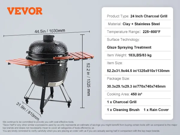 VEVOR ceramic barbecue grill, 24 inch charcoal grill with side shelves, dimensions and specifications shown.