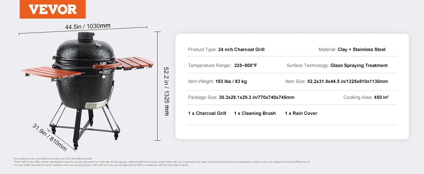 VEVOR ceramic barbecue grill, 24 inch charcoal grill with side shelves, dimensions and specifications shown.