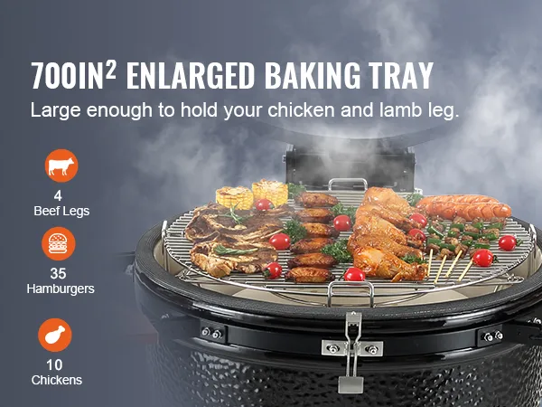VEVOR ceramic barbecue grill with 700in² baking tray cooking assorted meats and vegetables.