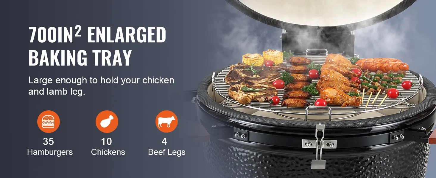 VEVOR ceramic barbecue grill with 700in² baking tray cooking assorted meats and vegetables.