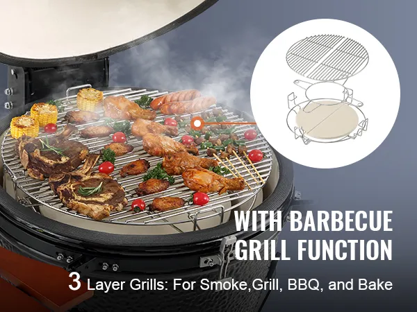 VEVOR ceramic barbecue grill with layered racks, grilling various meats and vegetables.