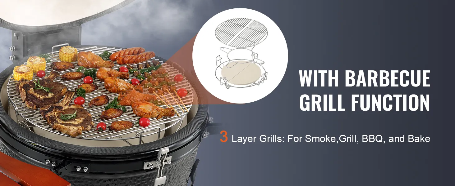 VEVOR ceramic barbecue grill with layered racks, grilling various meats and vegetables.