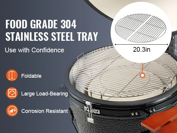 food grade 304 stainless steel tray for VEVOR ceramic barbecue grill, foldable, large load-bearing, corrosion resistant.