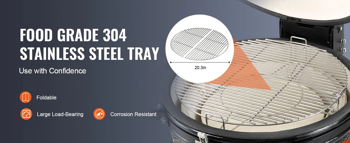 food grade 304 stainless steel tray for VEVOR ceramic barbecue grill, foldable, large load-bearing, corrosion resistant.