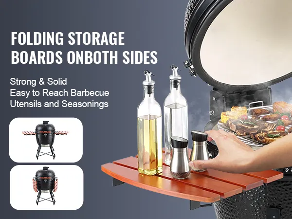VEVOR ceramic barbecue grill with folding storage boards holding condiments and utensils for easy grilling.