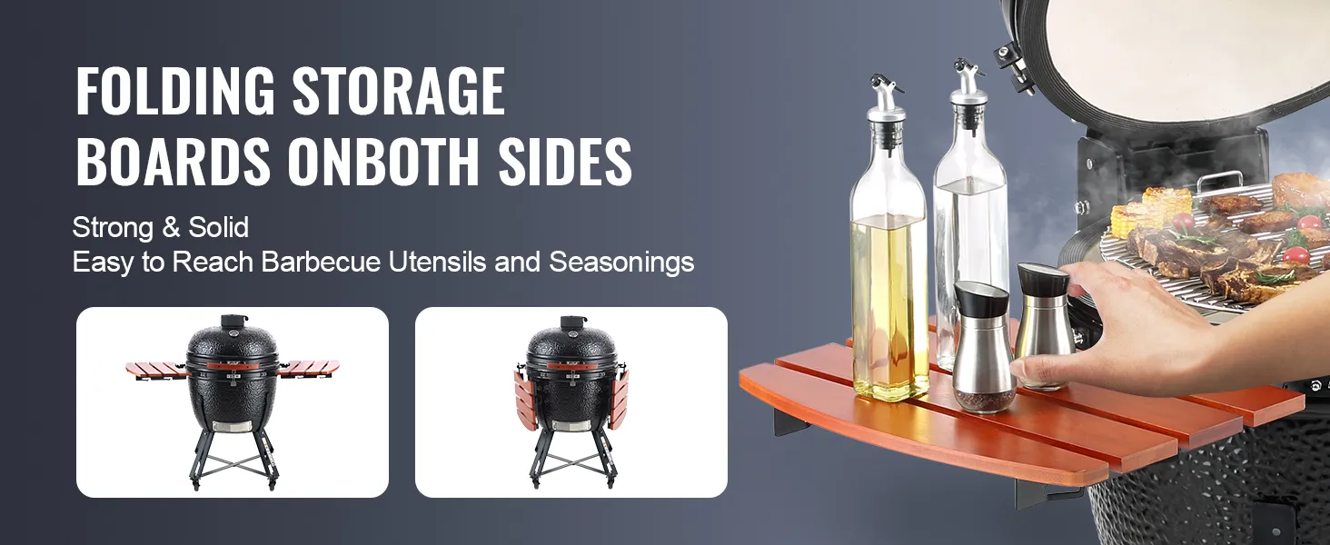 VEVOR ceramic barbecue grill with folding storage boards holding condiments and utensils for easy grilling.
