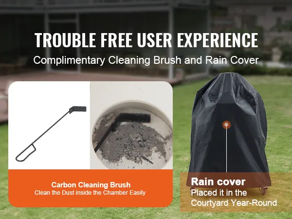 VEVOR ceramic barbecue grill shown with a carbon cleaning brush and rain cover for easy maintenance.