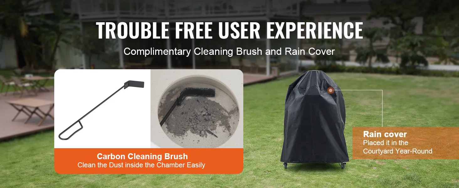 VEVOR ceramic barbecue grill shown with a carbon cleaning brush and rain cover for easy maintenance.