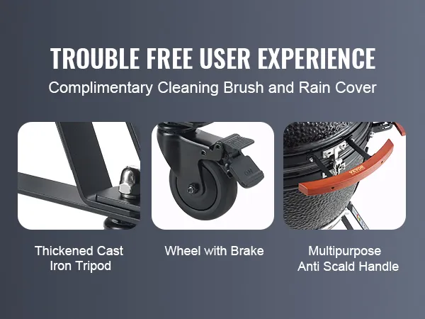 VEVOR ceramic barbecue grill for outdoor gatherings, featuring cast iron tripod, brake wheels, and anti-scald handle.