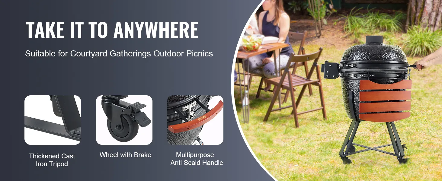 VEVOR ceramic barbecue grill for outdoor gatherings, featuring cast iron tripod, brake wheels, and anti-scald handle.