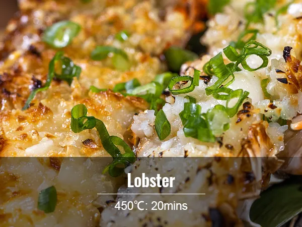 grilled lobster with garlic butter and green onions on VEVOR ceramic barbecue grill, 450°c for 20 mins