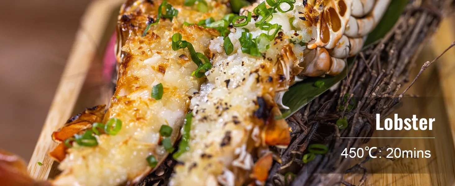 grilled lobster with garlic butter and green onions on VEVOR ceramic barbecue grill, 450°c for 20 mins