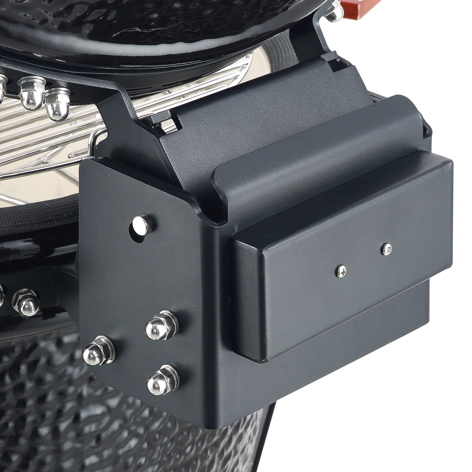 close-up of VEVOR ceramic barbecue grill showcasing detailed metal components and attachment bolts.