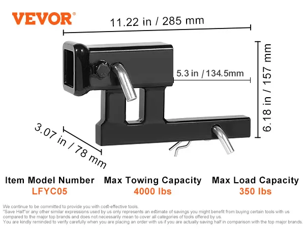 VEVOR hitch adapter with 2" receiver, 1-1/4" hitch size, 350 lbs load capacity, and 4000 lbs towing capacity.